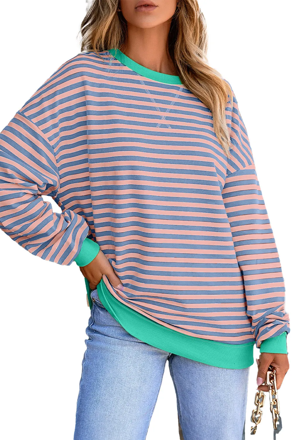 Women's Classic Striped Oversized Crew Neck Sweatshirt