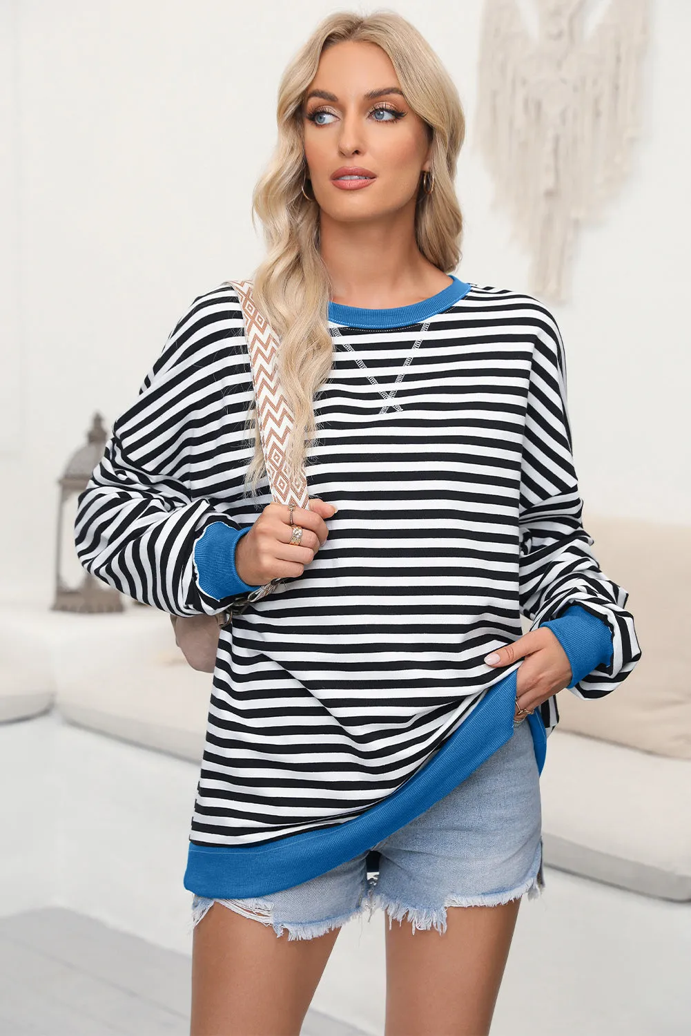 Women's Classic Striped Oversized Crew Neck Sweatshirt