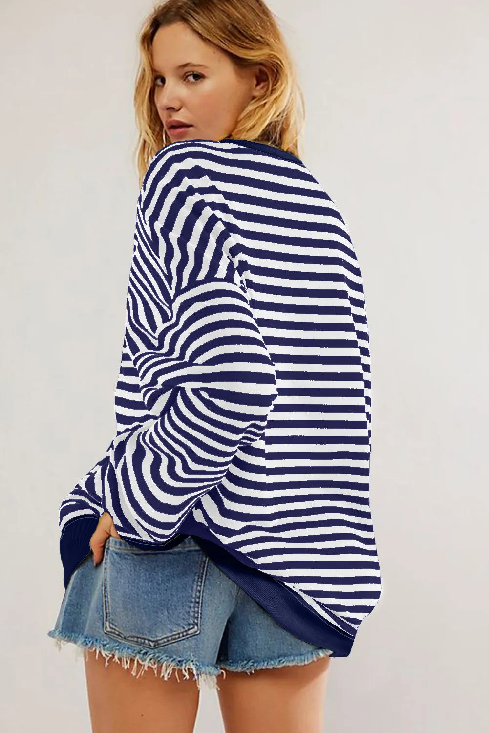 Women's Classic Striped Oversized Crew Neck Sweatshirt