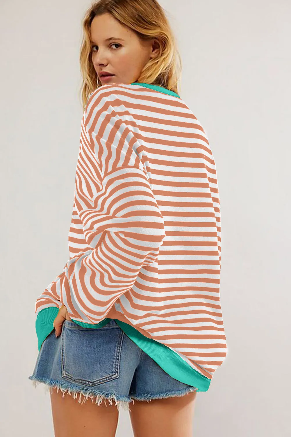 Women's Classic Striped Oversized Crew Neck Sweatshirt