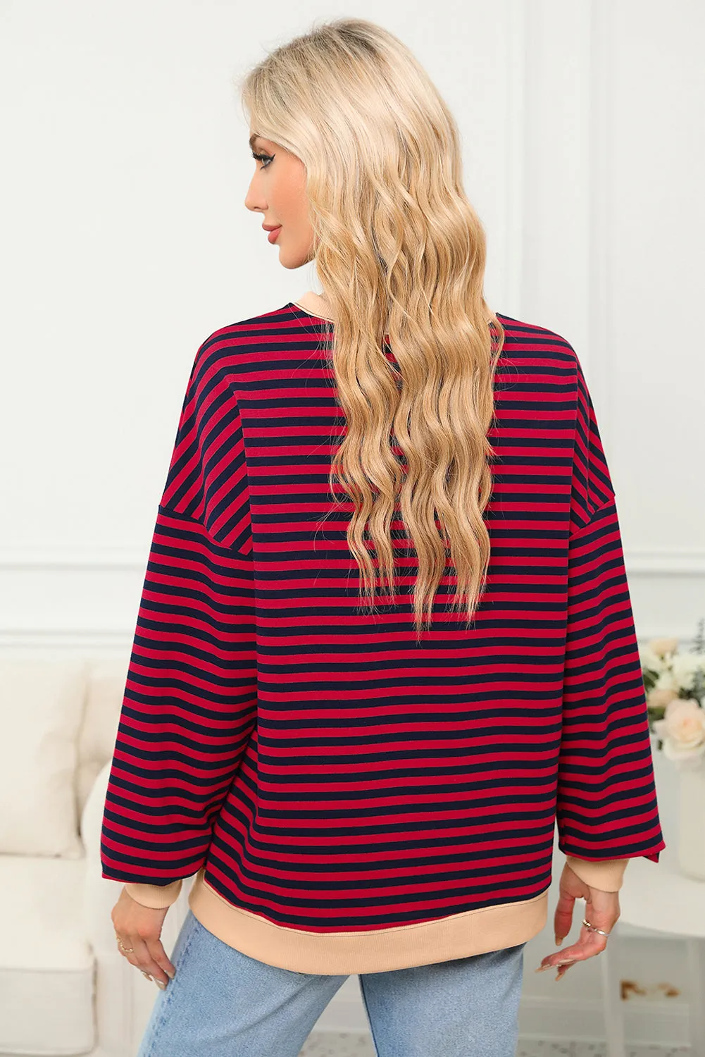 Women's Classic Striped Oversized Crew Neck Sweatshirt