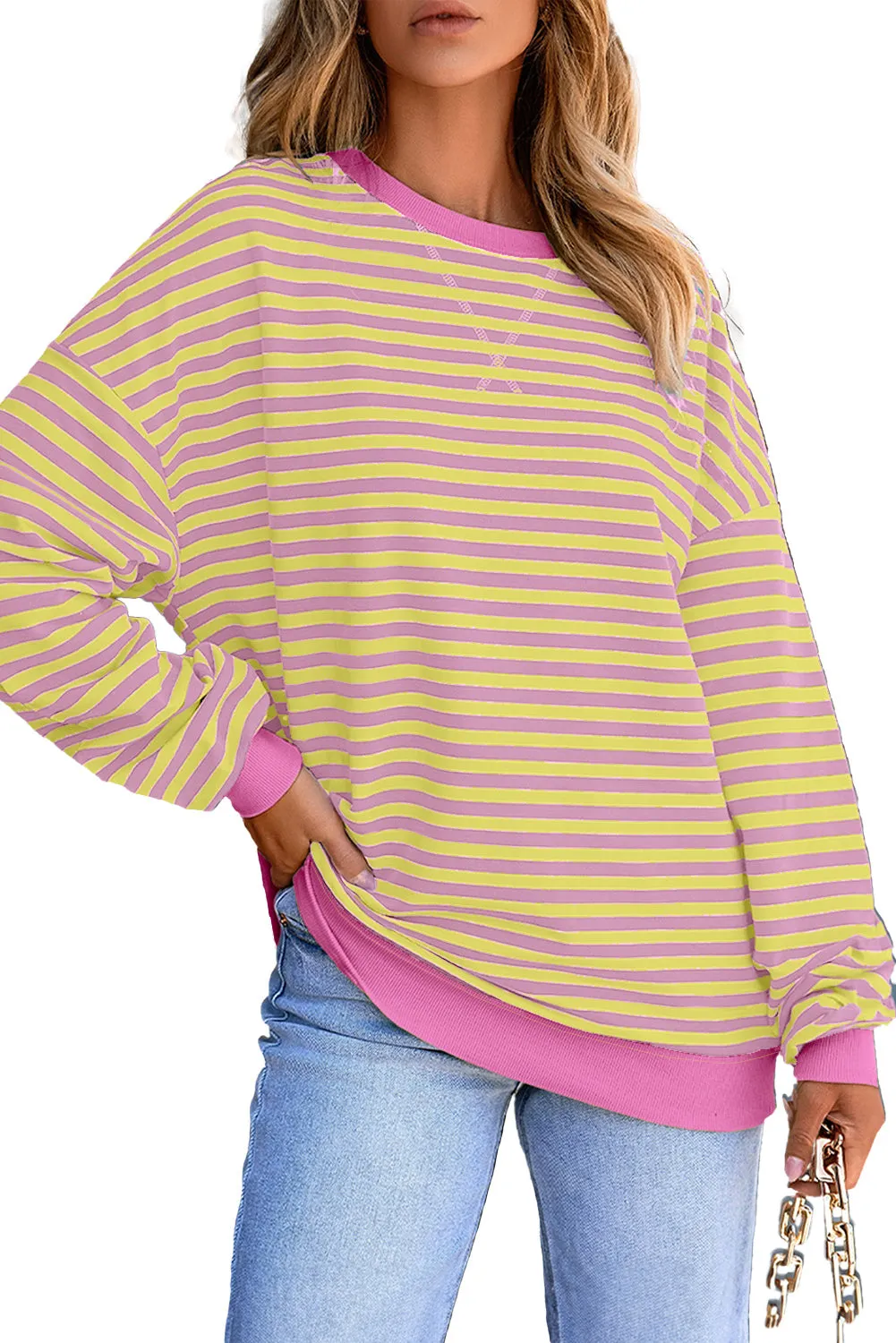 Women's Classic Striped Oversized Crew Neck Sweatshirt