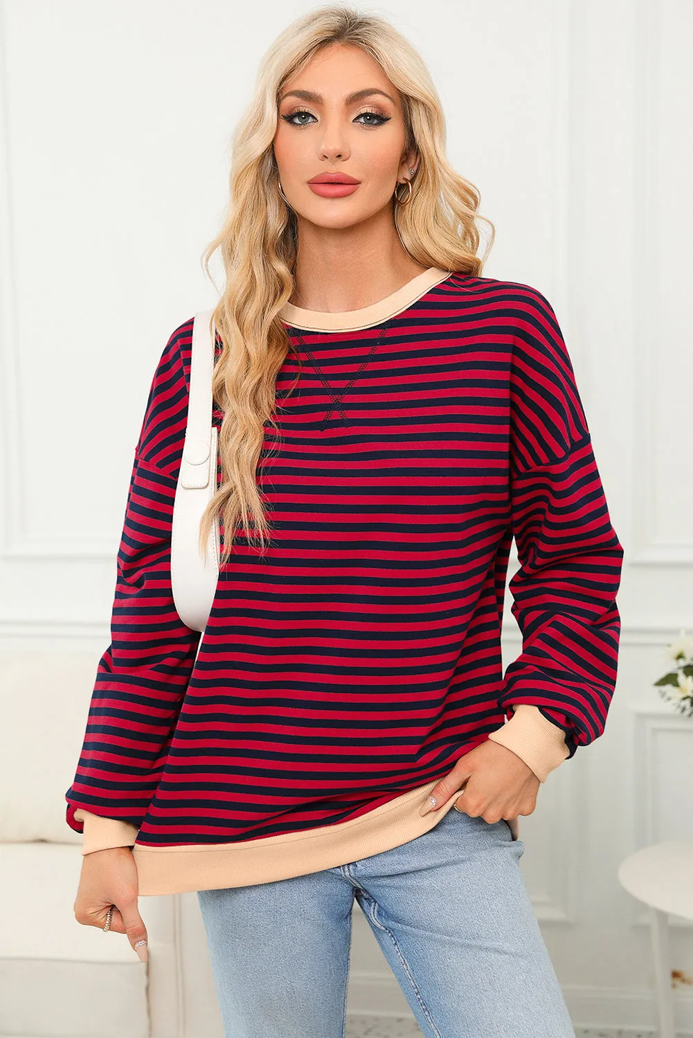 Women's Classic Striped Oversized Crew Neck Sweatshirt