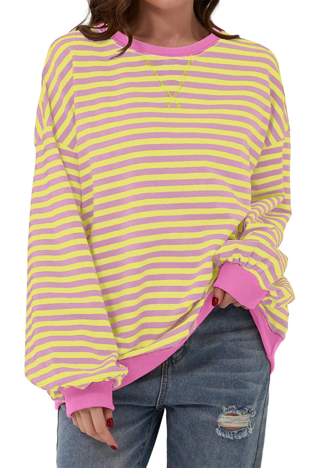 Women's Classic Striped Oversized Crew Neck Sweatshirt