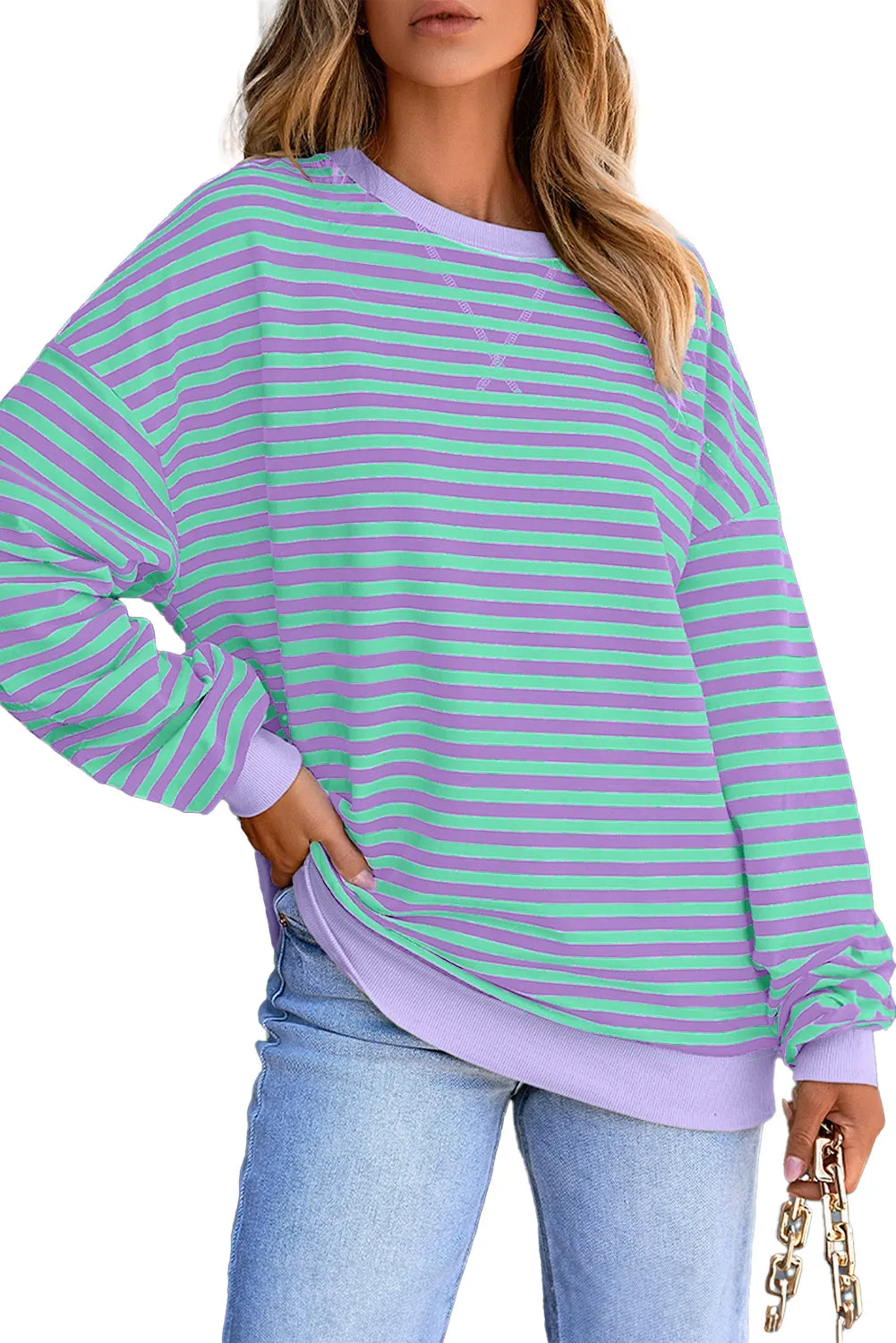 Women's Classic Striped Oversized Crew Neck Sweatshirt