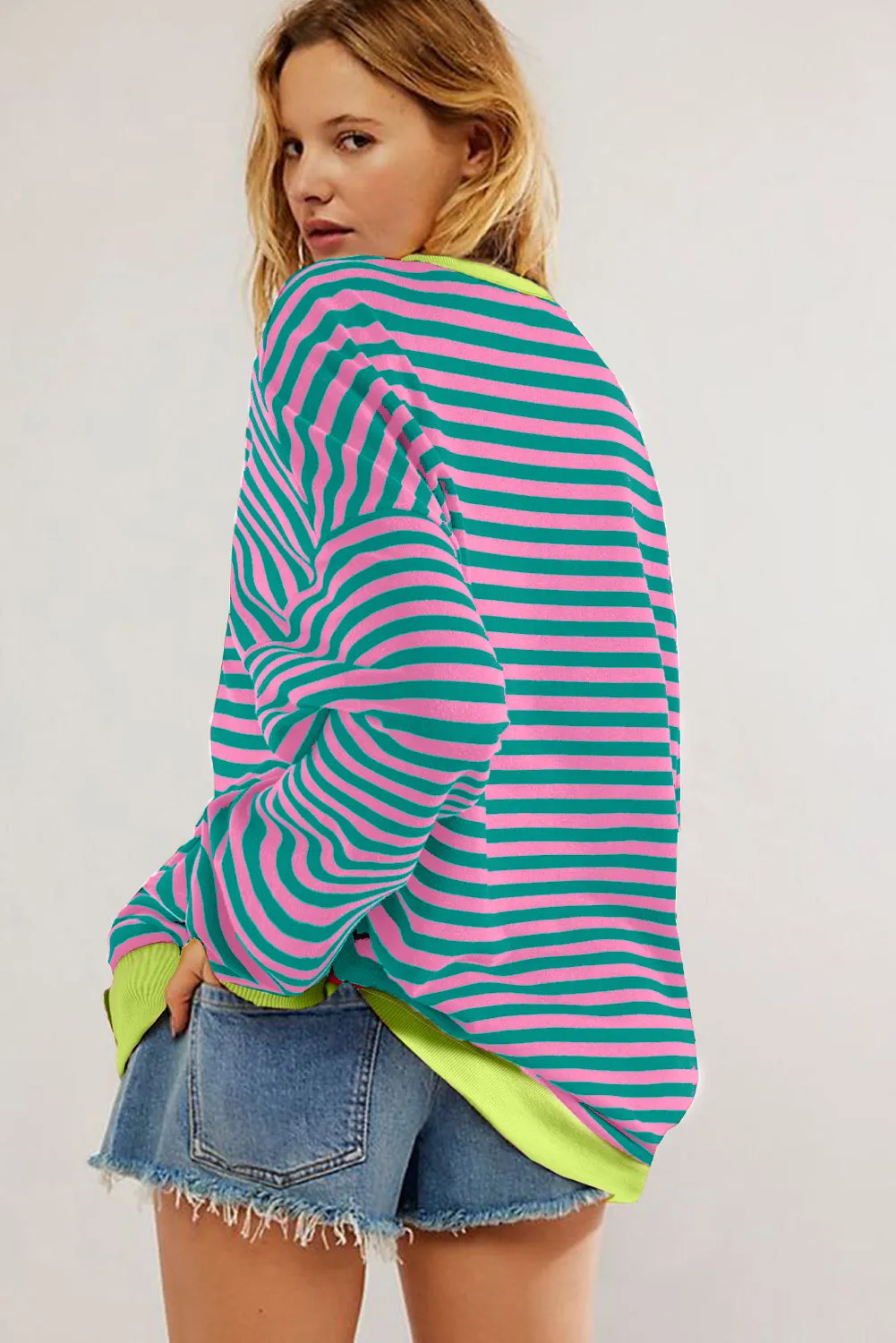 Women's Classic Striped Oversized Crew Neck Sweatshirt