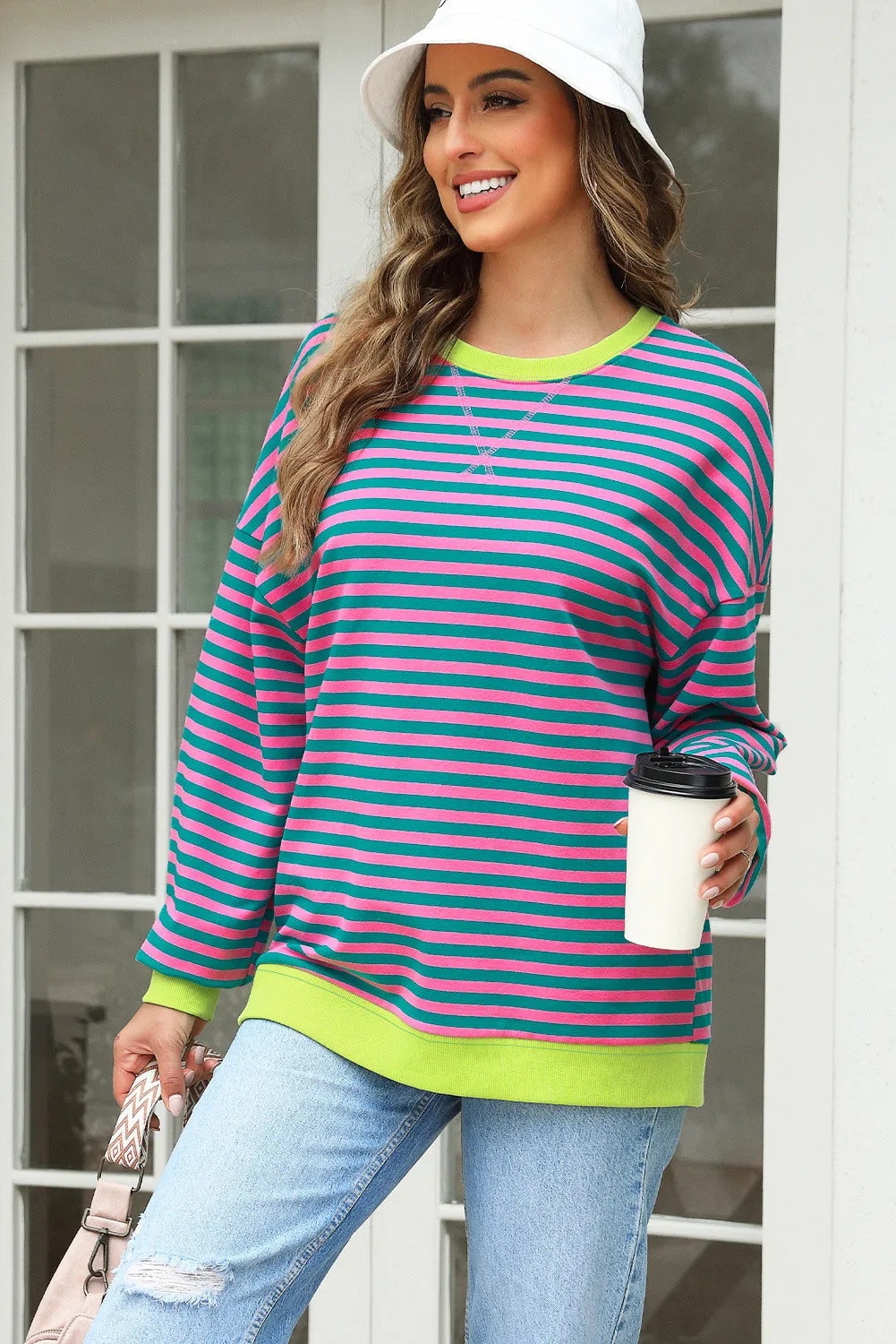 Women's Classic Striped Oversized Crew Neck Sweatshirt