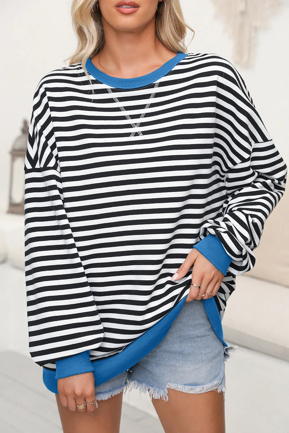 Women's Classic Striped Oversized Crew Neck Sweatshirt