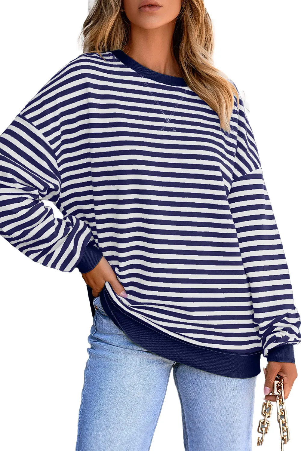 Women's Classic Striped Oversized Crew Neck Sweatshirt