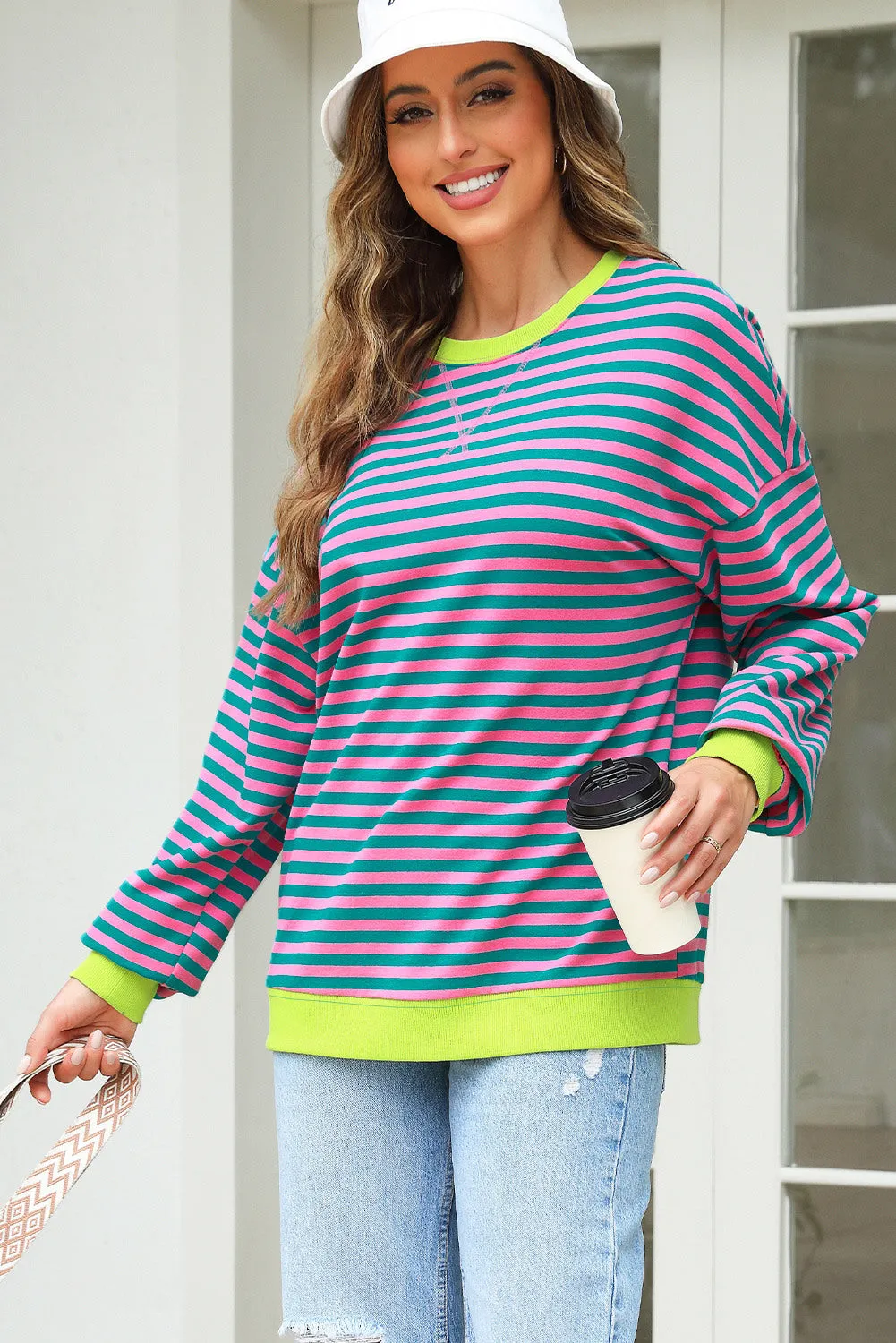 Women's Classic Striped Oversized Crew Neck Sweatshirt