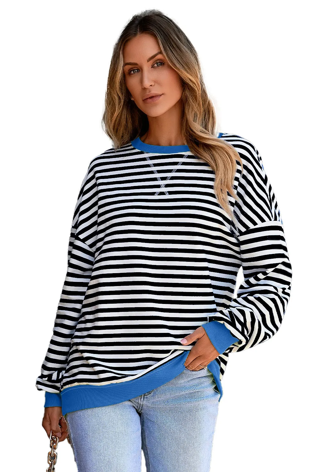 Women's Classic Striped Oversized Crew Neck Sweatshirt