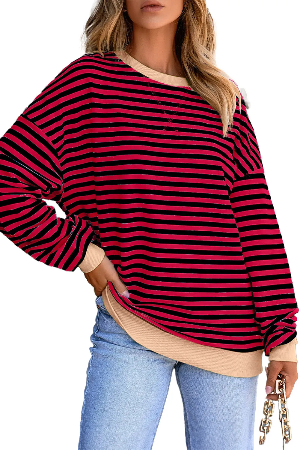 Women's Classic Striped Oversized Crew Neck Sweatshirt