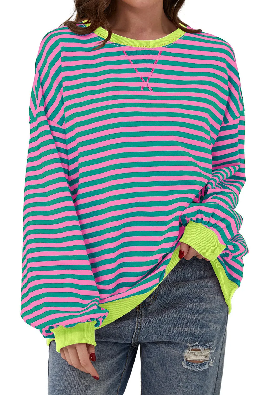 Women's Classic Striped Oversized Crew Neck Sweatshirt