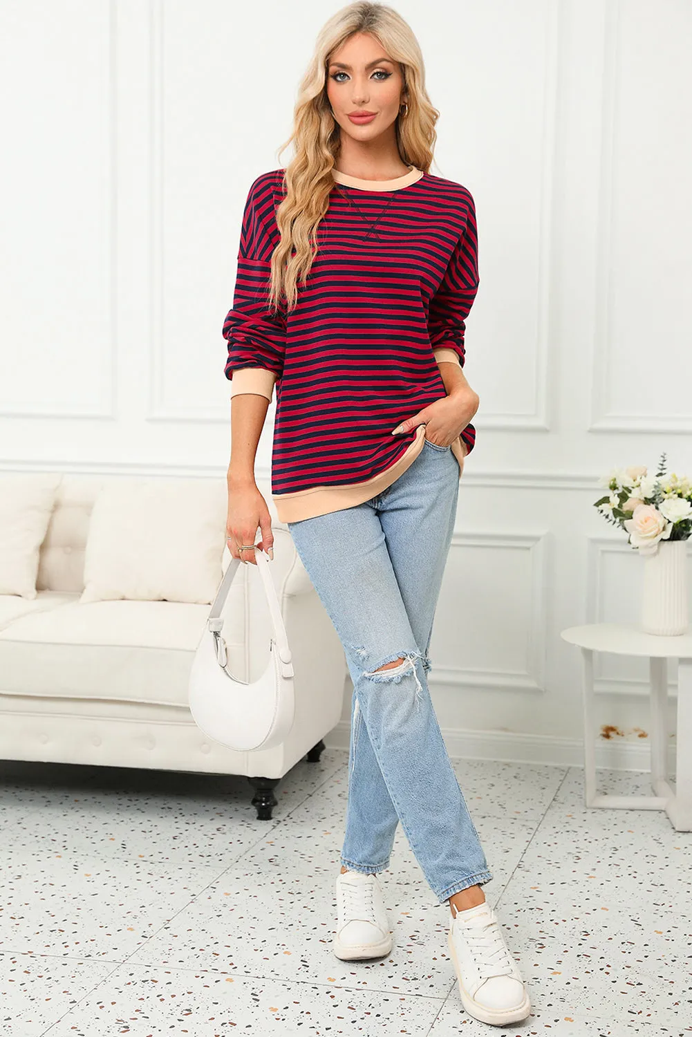 Women's Classic Striped Oversized Crew Neck Sweatshirt