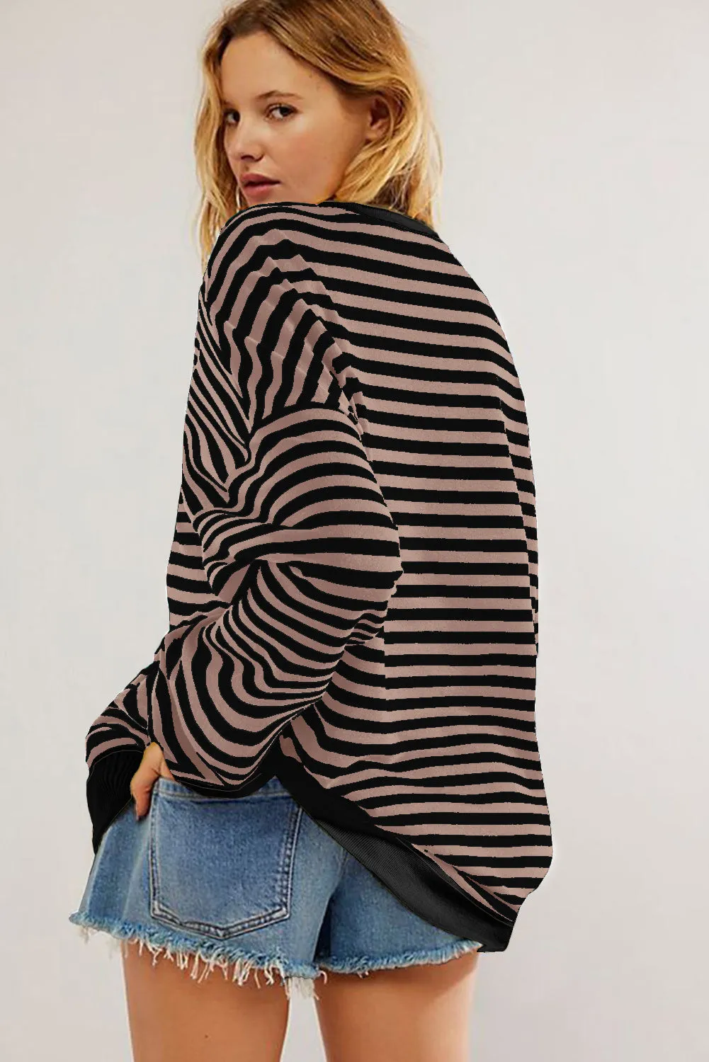 Women's Classic Striped Oversized Crew Neck Sweatshirt