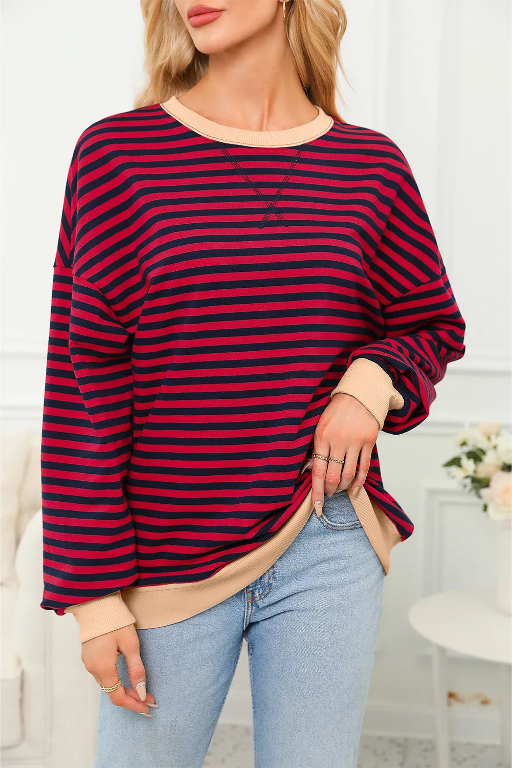 Women's Classic Striped Oversized Crew Neck Sweatshirt