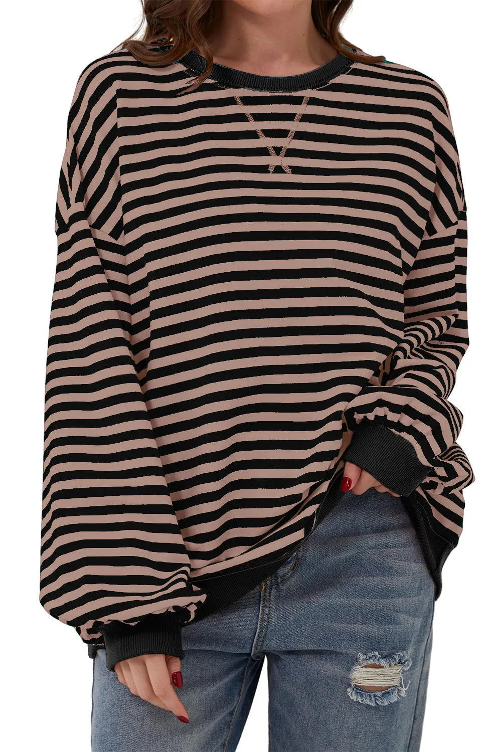 Women's Classic Striped Oversized Crew Neck Sweatshirt