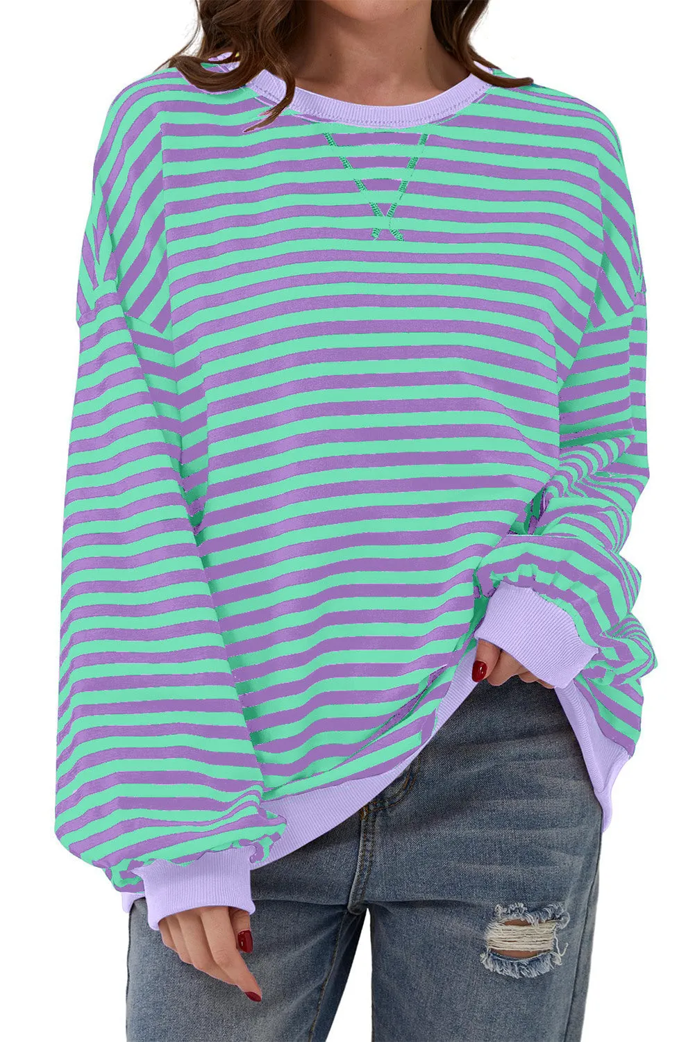 Women's Classic Striped Oversized Crew Neck Sweatshirt