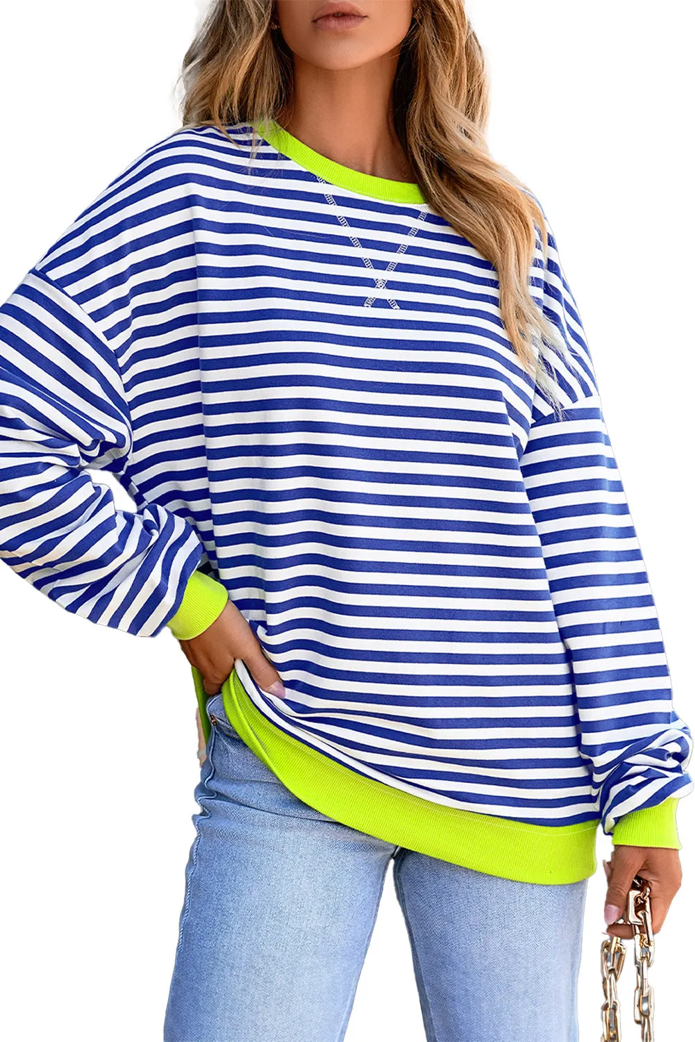 Women's Classic Striped Oversized Crew Neck Sweatshirt