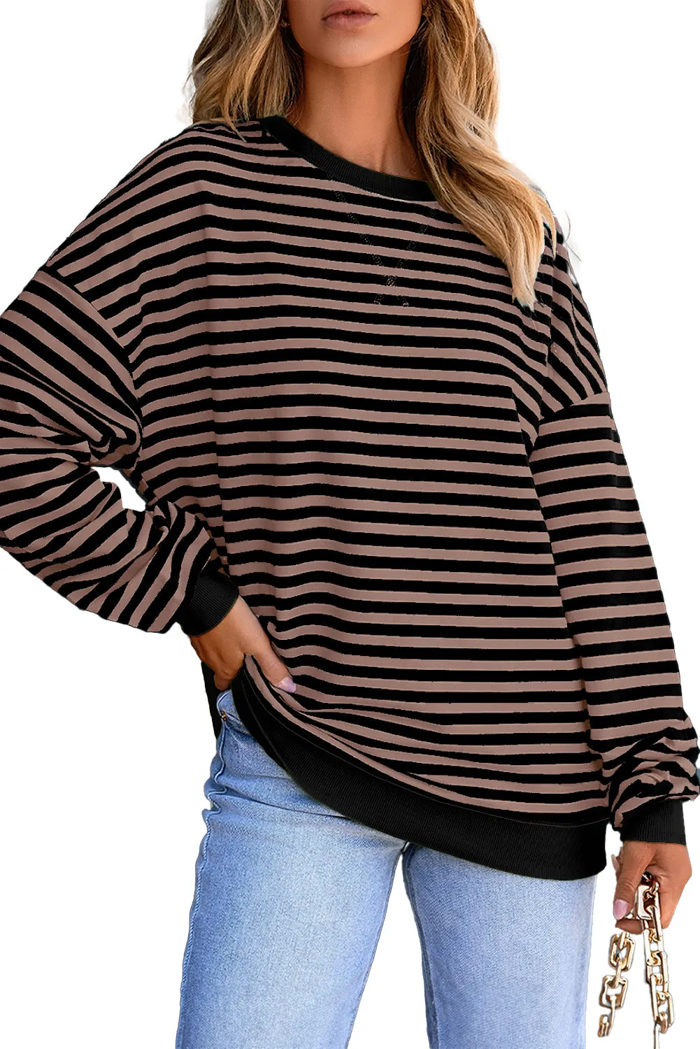 Women's Classic Striped Oversized Crew Neck Sweatshirt