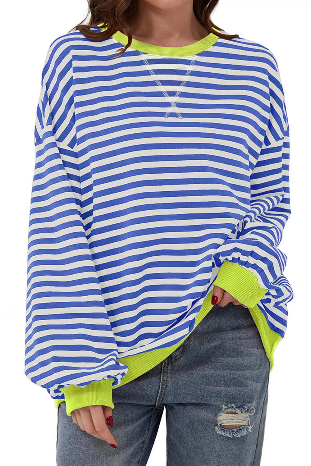 Women's Classic Striped Oversized Crew Neck Sweatshirt