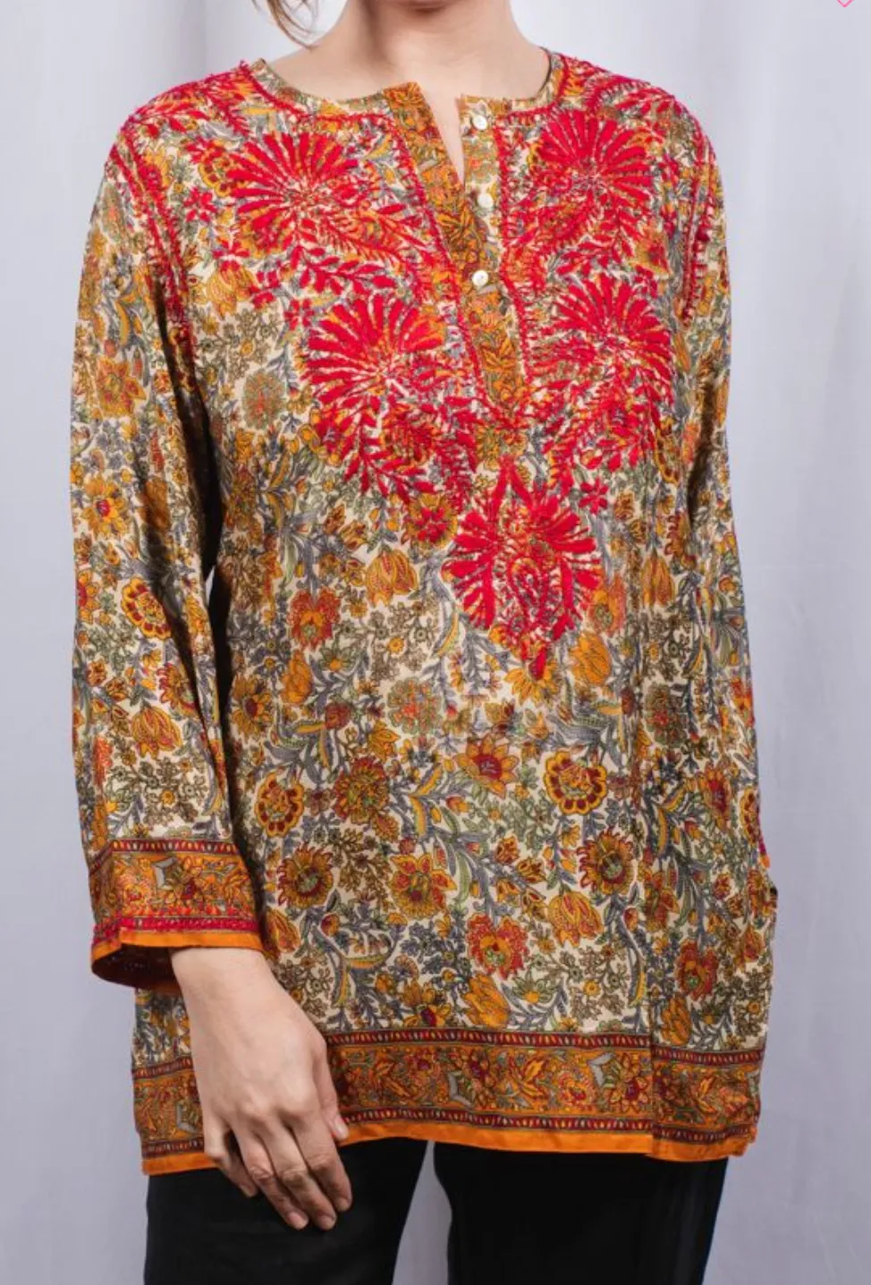 Women's Embroidered Silk Tunic Top in Red