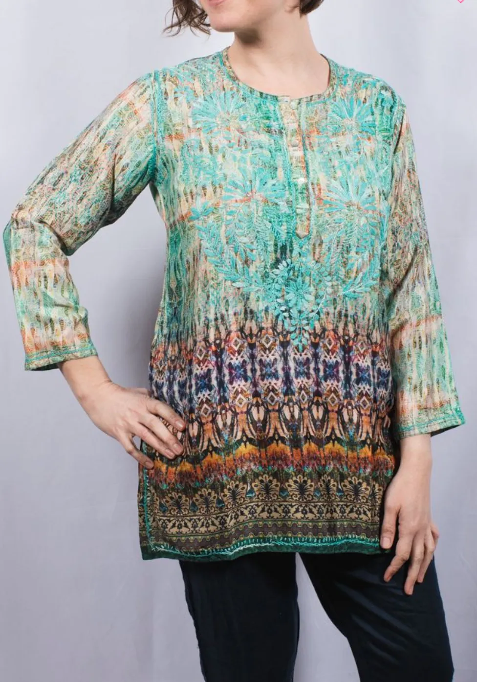 Women's Embroidered Silk Tunic Top in Turquoise