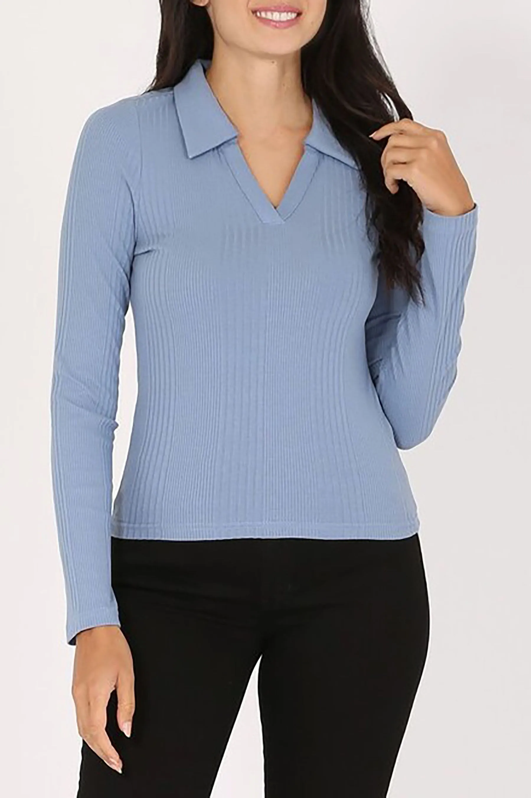 Women's Long Sleeves Variegated Rib Polo T Shirts