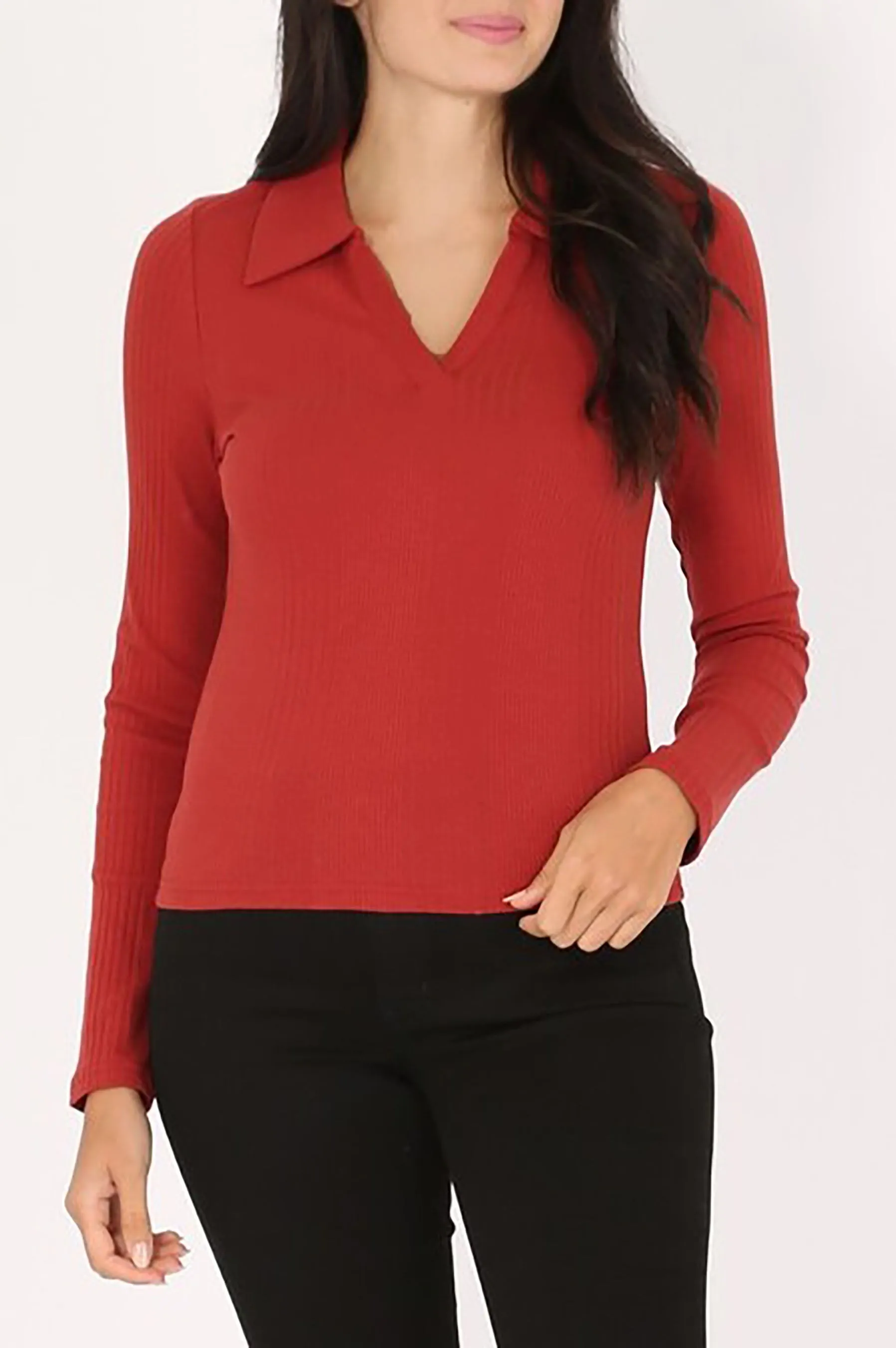 Women's Long Sleeves Variegated Rib Polo T Shirts