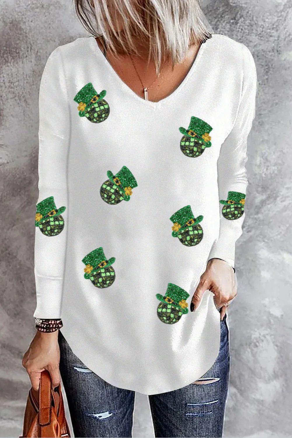 Women's St Patrick Sequin Disco Ball V Neck Long Sleeve Top