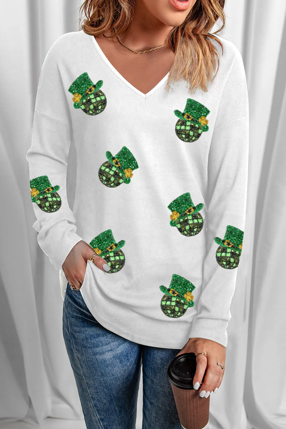 Women's St Patrick Sequin Disco Ball V Neck Long Sleeve Top