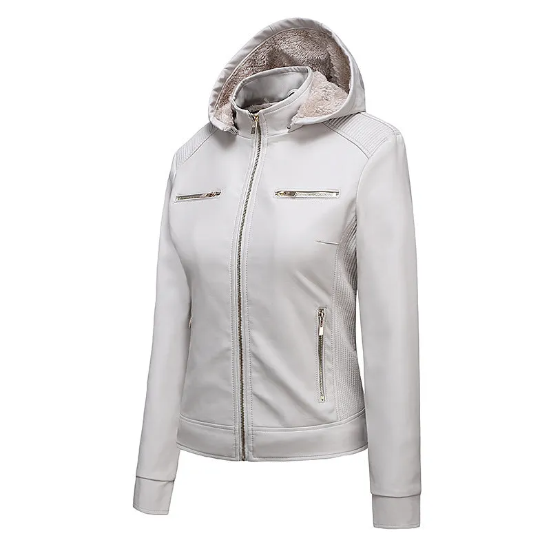 Women's warm casual hooded leather jacket